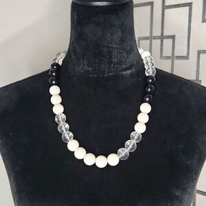 Elegant Black, White & Clear Beaded Necklace – Timeless & Chic